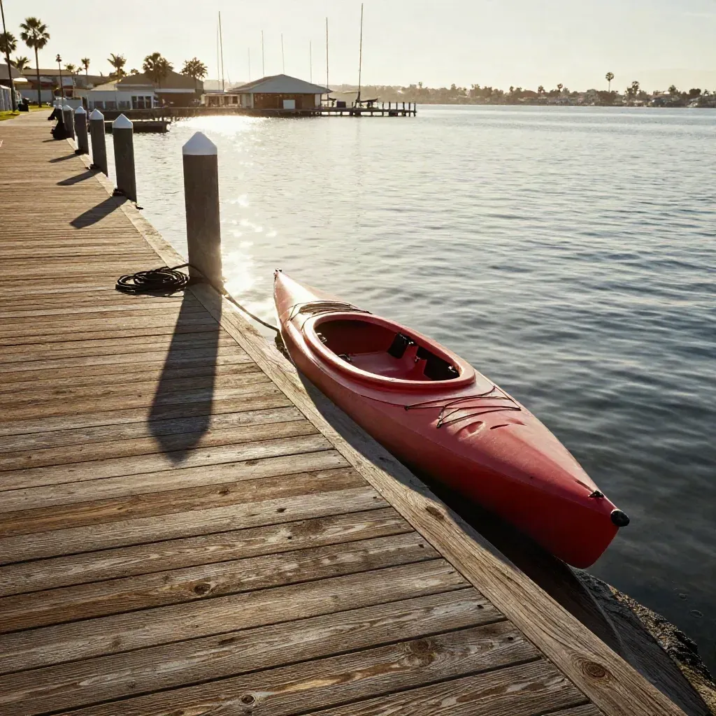San Diego bayside boardwalk with a red kayak, sail masts, calm water, and palm shadows at sunset