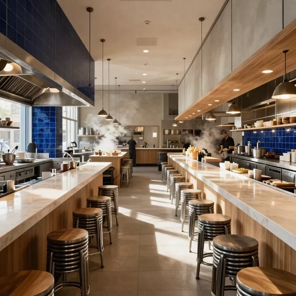 A bright food hall interior with stainless counters, stools, steam, and deep blue accents.