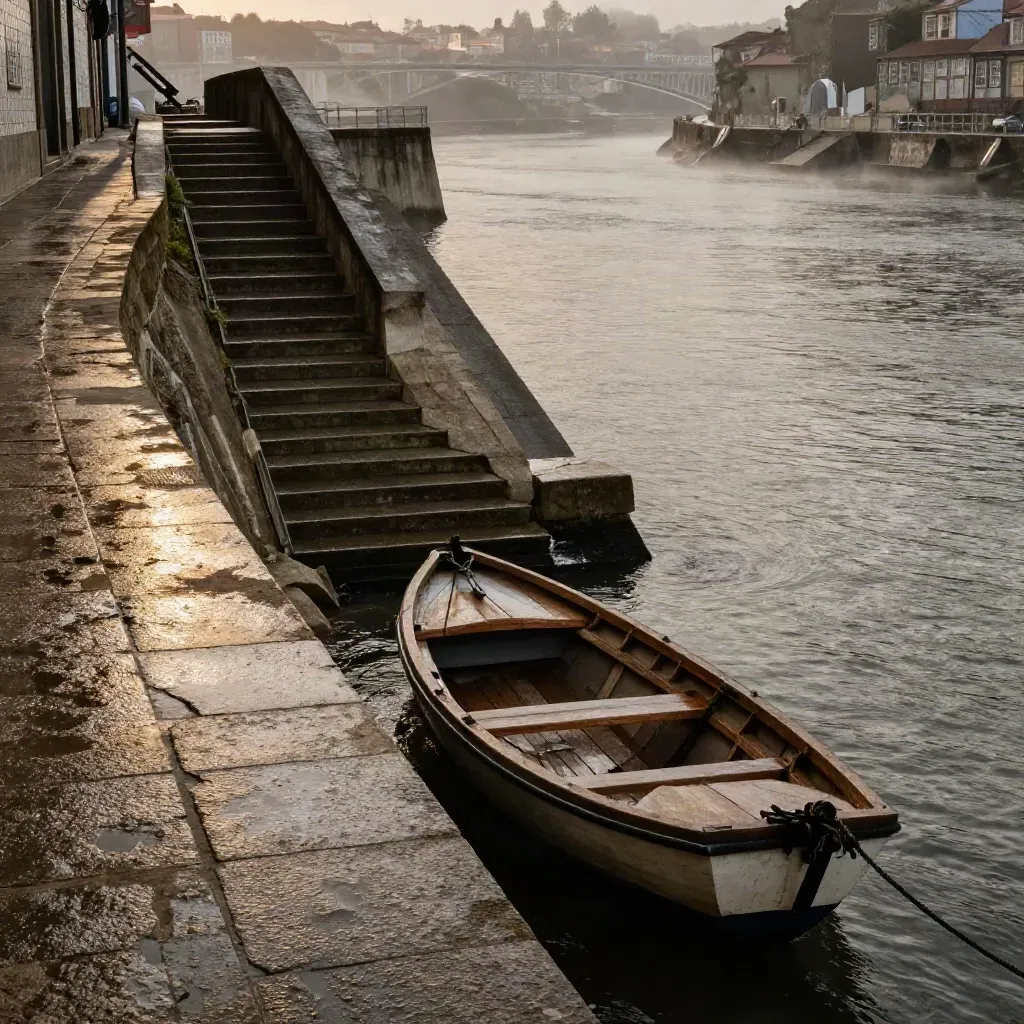 Wet Porto river path below the bridge with moored boats, tiled façades, mist, and a steep stair after rain.