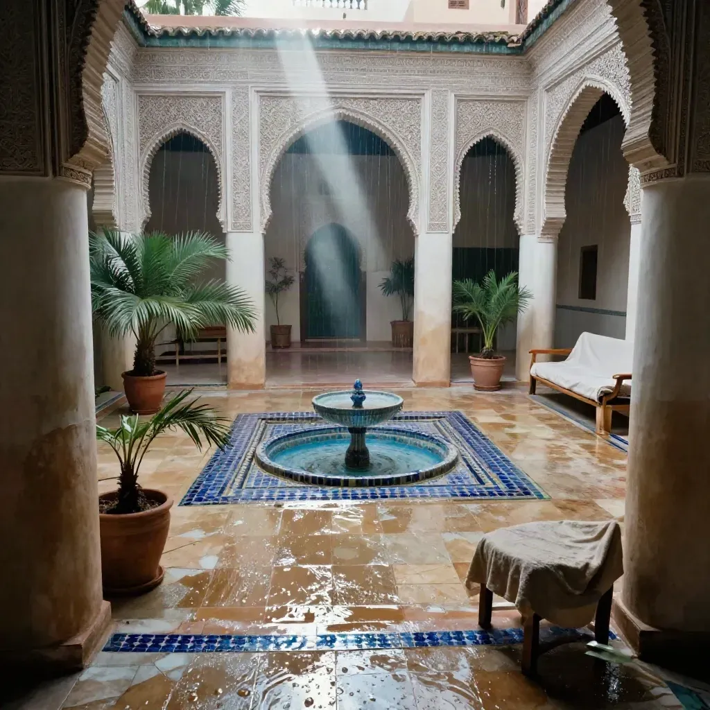 Rain-fresh Marrakesh riad courtyard with arches, fountain, palms, and linen bench