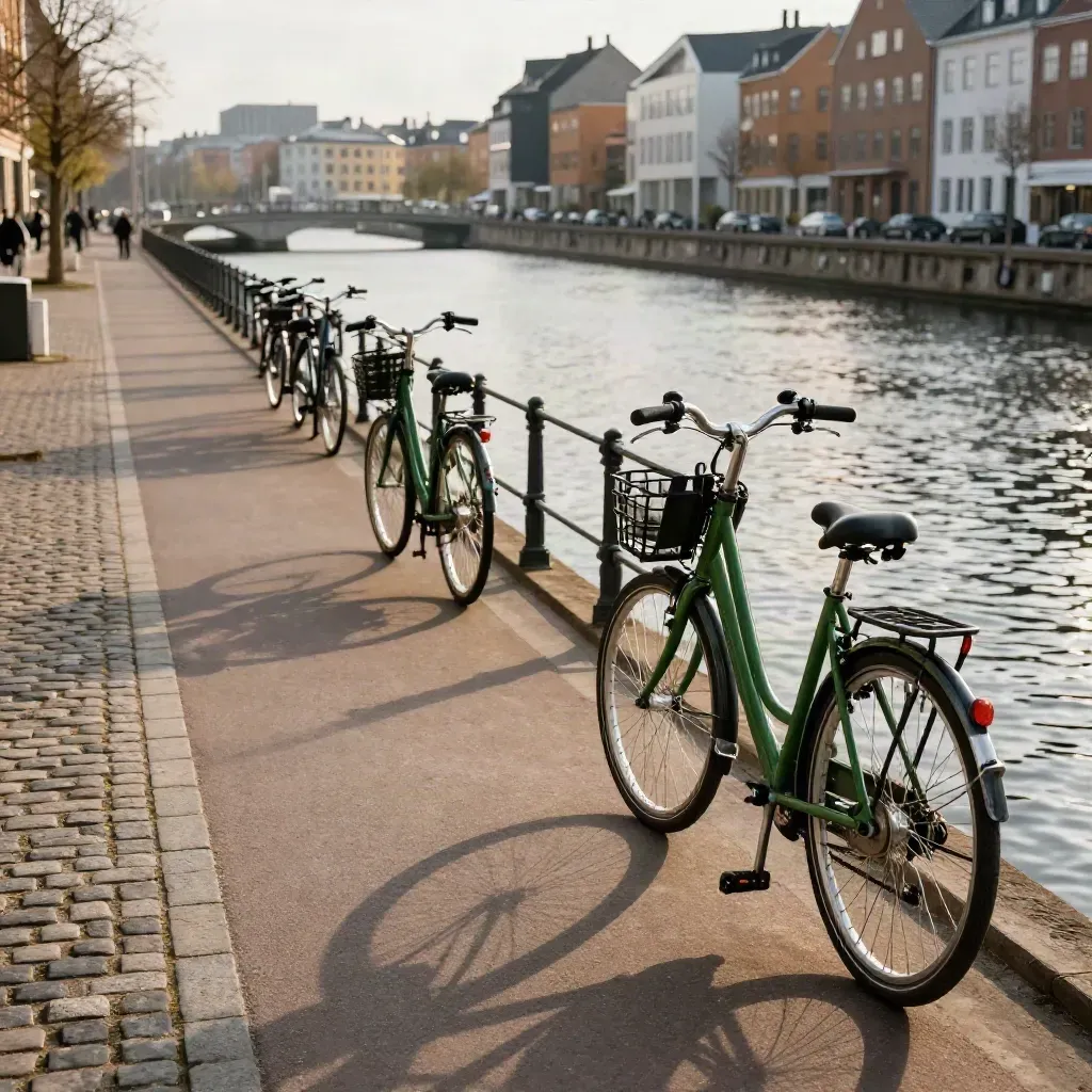 Copenhagen bike lane beside a canal with parked bikes and morning light