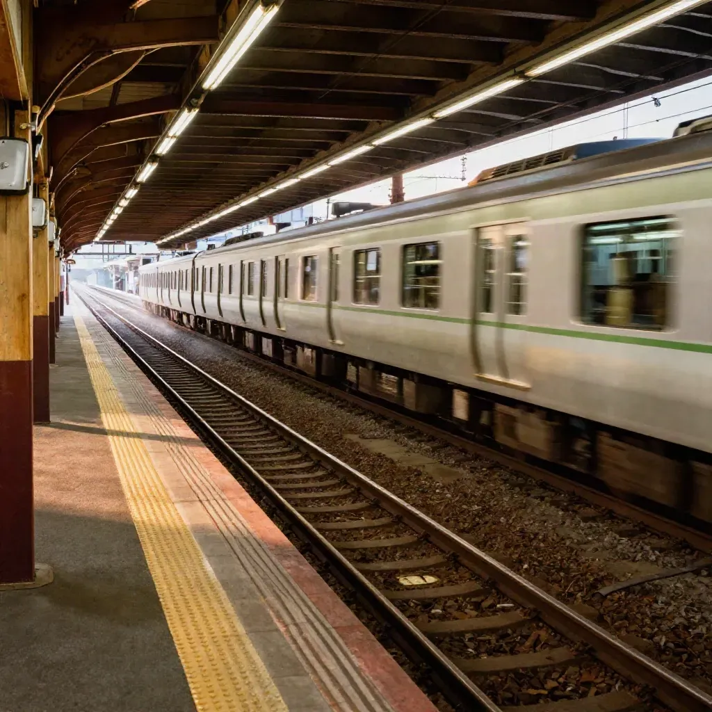Kyoto station platform with rails and a blurred commuter train under warm afternoon light.