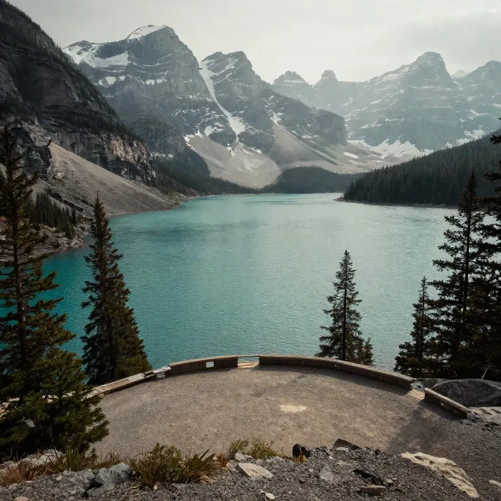 Banff lake pullout with turquoise water, pines, rocky shore, and snow-tipped peaks under clearing sun.