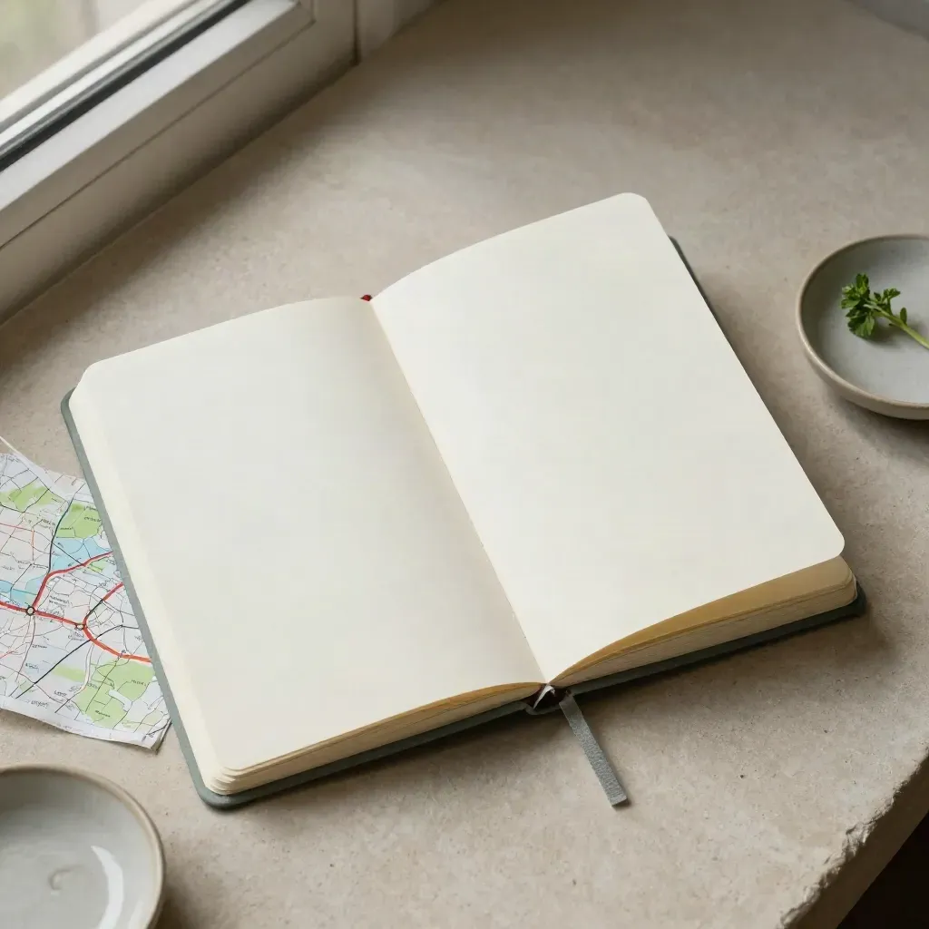 Flatlay of a city guide notebook, route map card, ceramic dish, and herb sprig on pale stone.