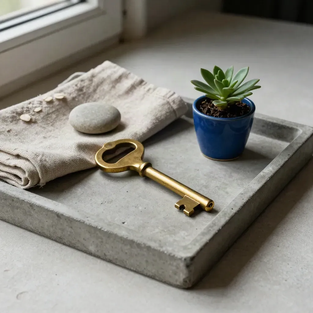 Brass key, linen, river stone and tiny plant on a concrete tray in soft window light.