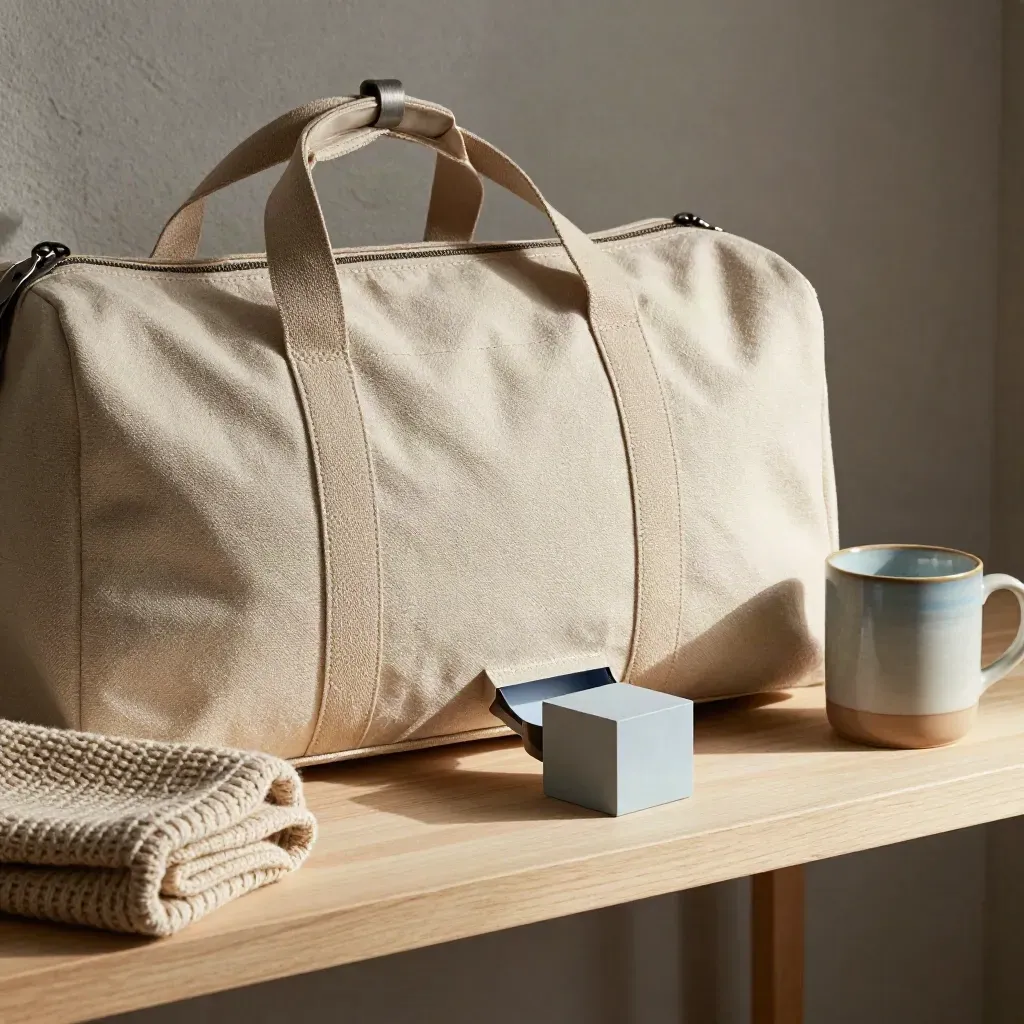 Weekend duffel, packing cube, folded knit and mug on a pale wood shelf in soft morning light.