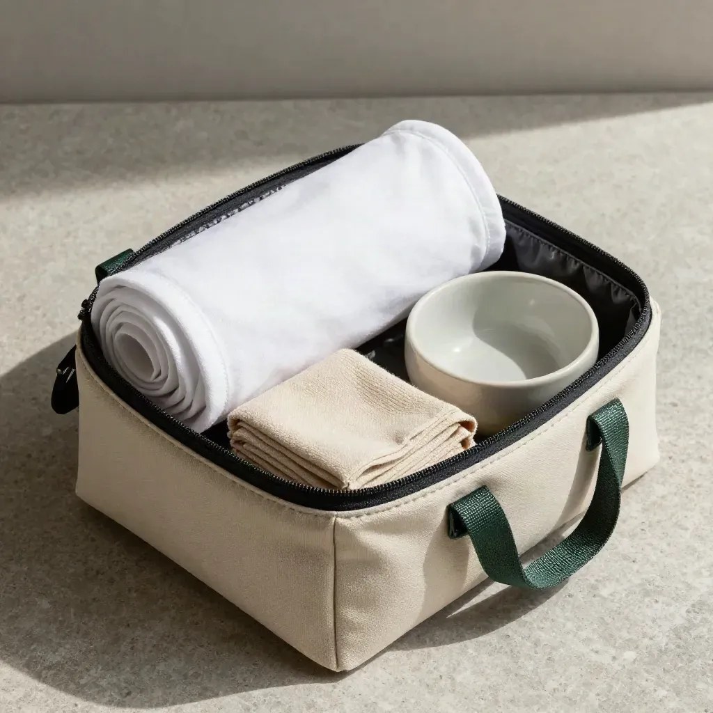 Packing cube with tee, toiletry pouch, cloth, and ceramic bowl on stone