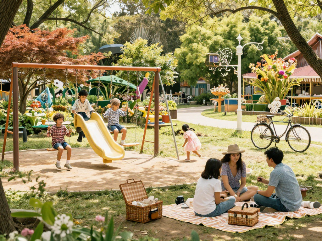 Families enjoying a sunny day at https://sharkysvintagepark.com with vintage swings and picnic blankets.