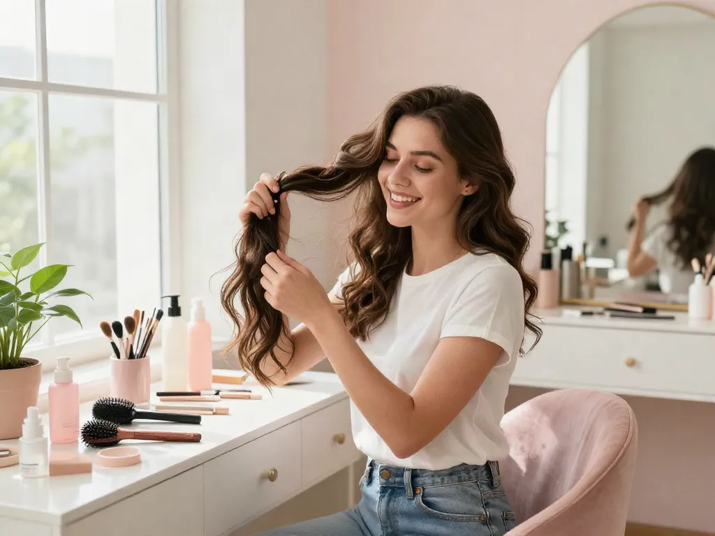 Applying seamless hair extensions clip in for a chic hairstyle at a bright vanity