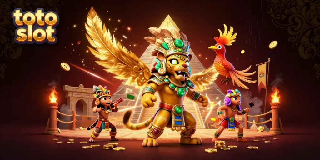 Experience thrilling toto slot action with a vibrant Mayan priest and exotic bird in a casino setting.