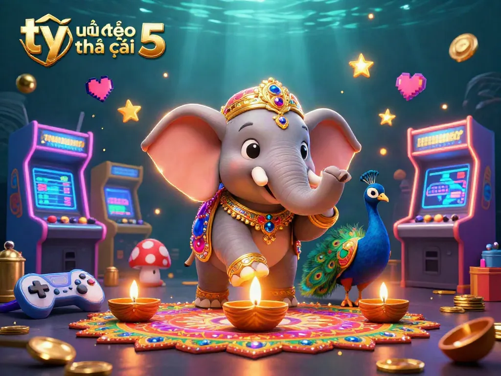 Engage with tỷ lệ kèo nhà cái 5 as a vibrant elephant showcases casino gaming excitement in an ornate illustration.