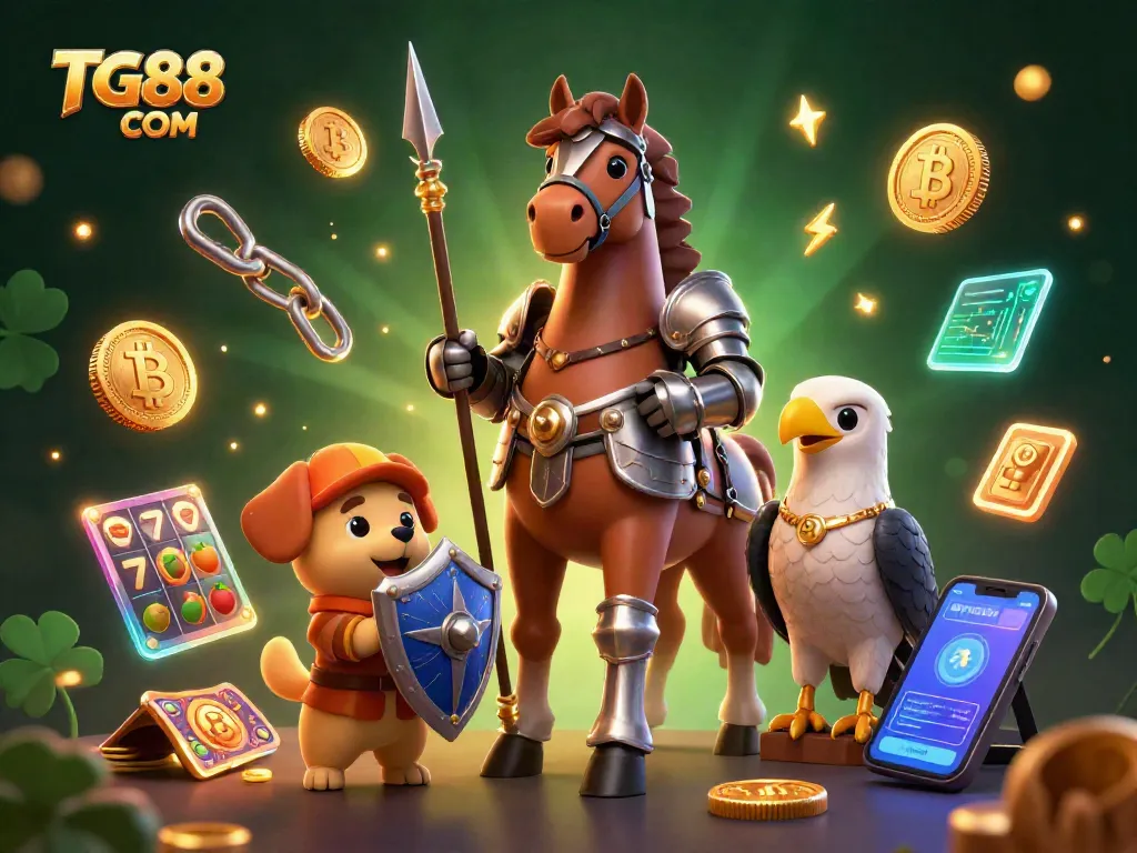 Engage with the thrilling world of TG88 COM featuring vibrant slot reels and dynamic characters in this 3D illustration.