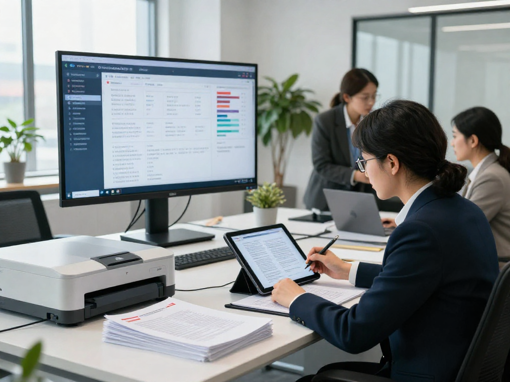 Compliance analyst examining digital documents for document fraud detection in a modern office.