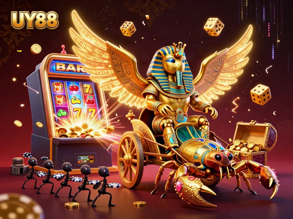 Engage with thrilling UY88 casino adventures featuring a golden scarab beetle, slot machines, and vibrant game symbols.