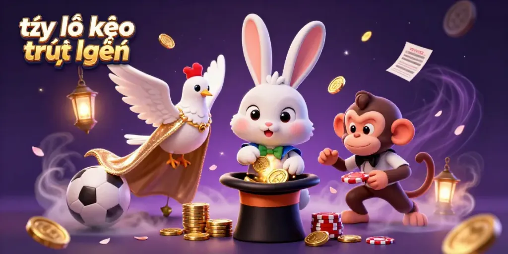 Experience thrilling sports betting with tỷ lệ kèo trực tuyến in this vibrant 3D illustration featuring a magician and playful characters.
