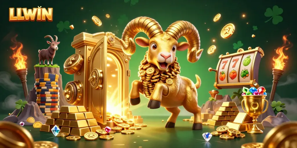 Win big at LLWIN with a dynamic 3D casino illustration showcasing gold treasures and slots.