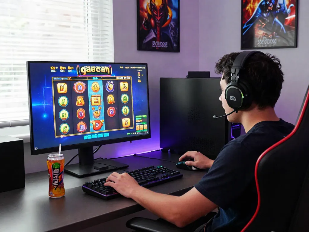 Gamer immersed in slot gacor gameplay on a high-definition monitor, capturing excitement and engagement.