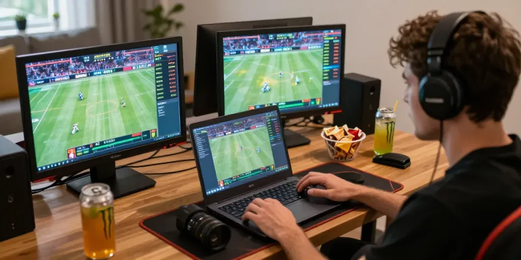 Engaged player exploring Link M88 during online sports betting session at home.