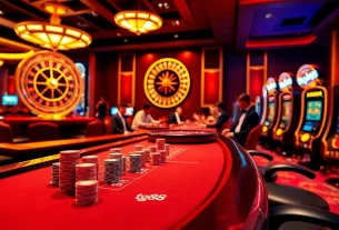 Experience the thrill of tg88 in a luxurious casino environment with poker chips and roulette tables.
