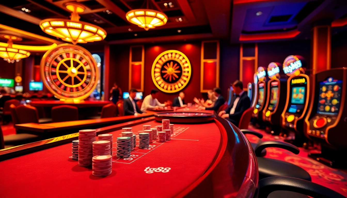 Experience the thrill of tg88 in a luxurious casino environment with poker chips and roulette tables.