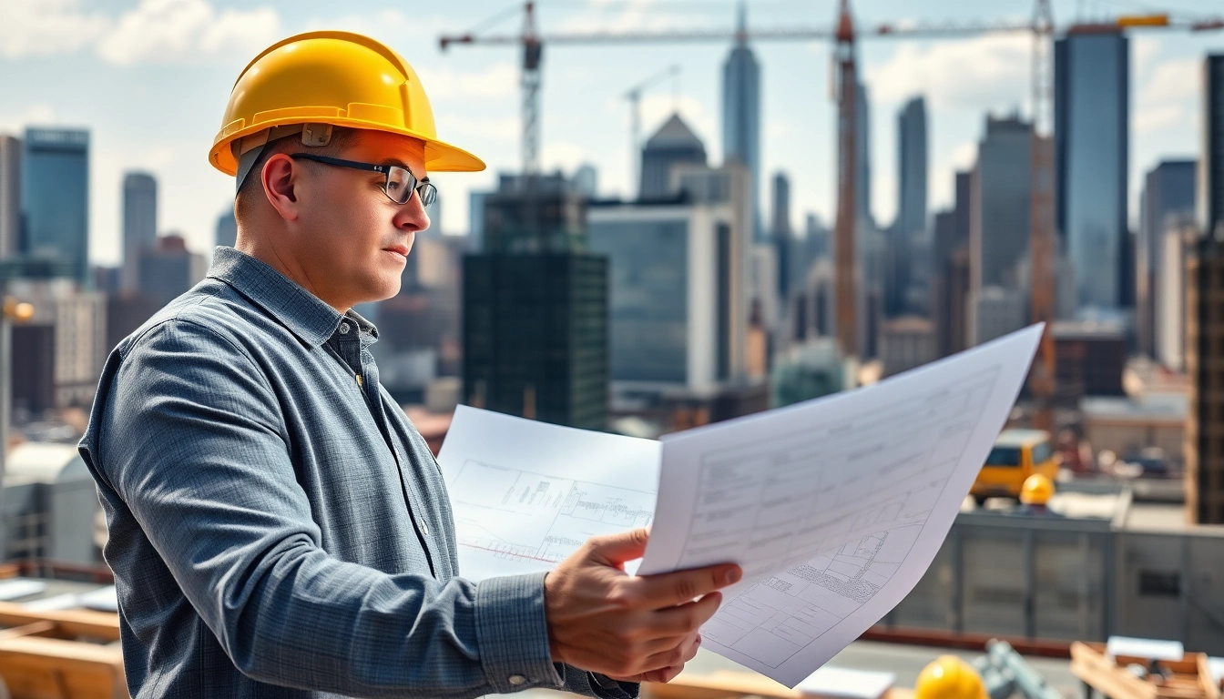 New York Construction Manager analyzing blueprints at a busy construction site in an urban setting.