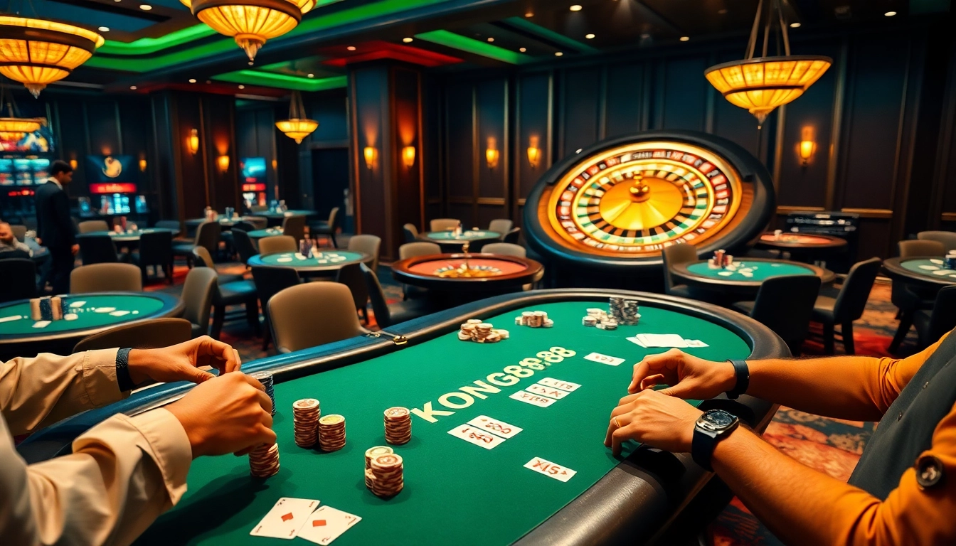 KONG88 players engaged in a thrilling poker game, highlighting strategy and excitement in the casino atmosphere.
