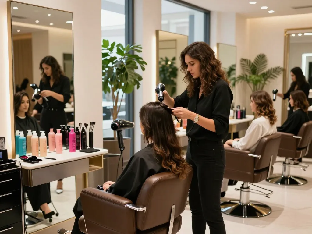 Ladies hair salon Dubai featuring a stylist giving a trendy haircut in a luxurious, modern setting with elegant décor and hair products.