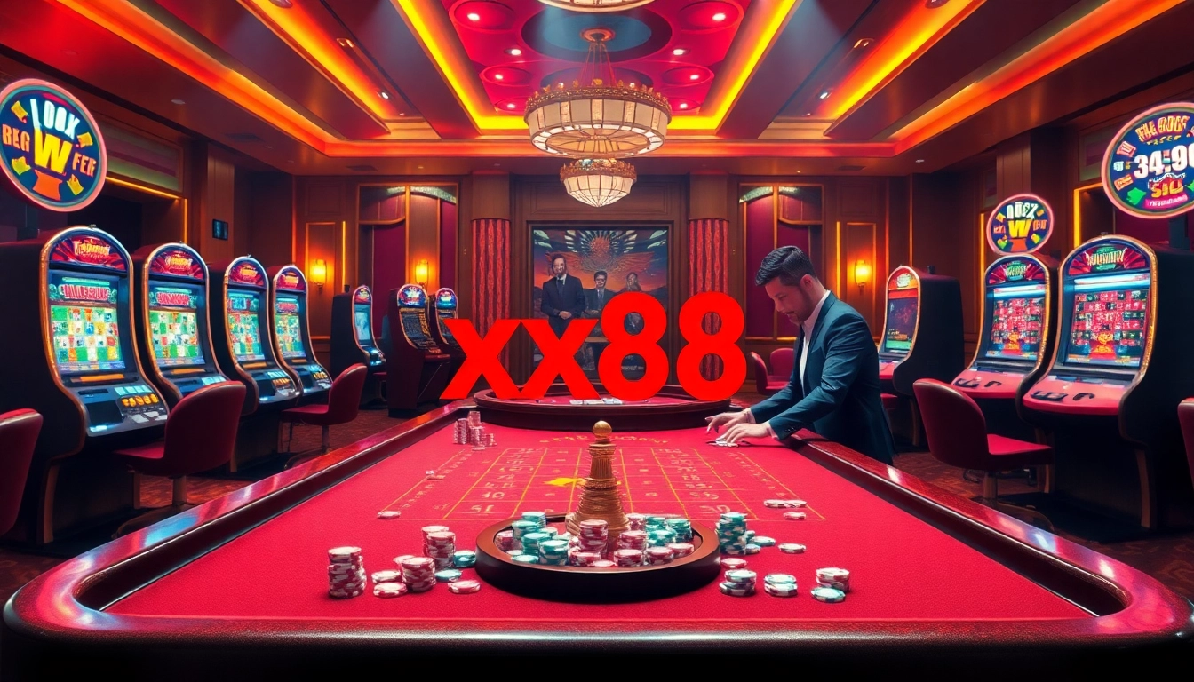 Excited gamblers enjoy a luxurious gaming experience at xx88 casino, featuring vibrant tables and slot machines.