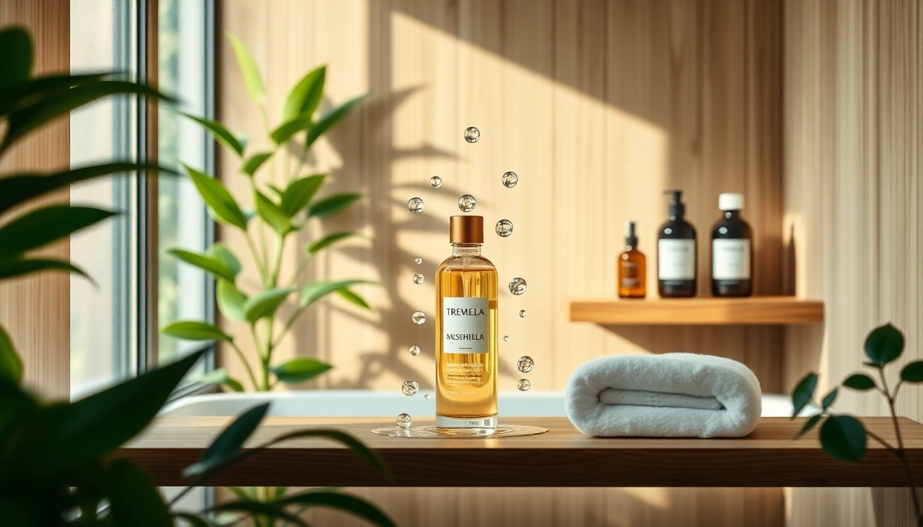 Tremella mushroom serum bottle amidst an organic skincare setup, highlighting hydration and natural beauty.