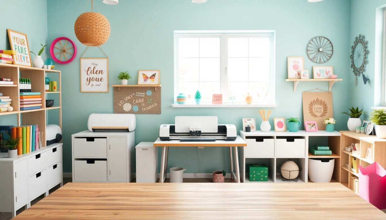 Cricut SVG crafting tools and projects displayed in a vibrant workspace