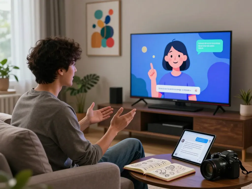 Interactive scene of free ai sex chat session with user and AI character in a cozy digital environment.