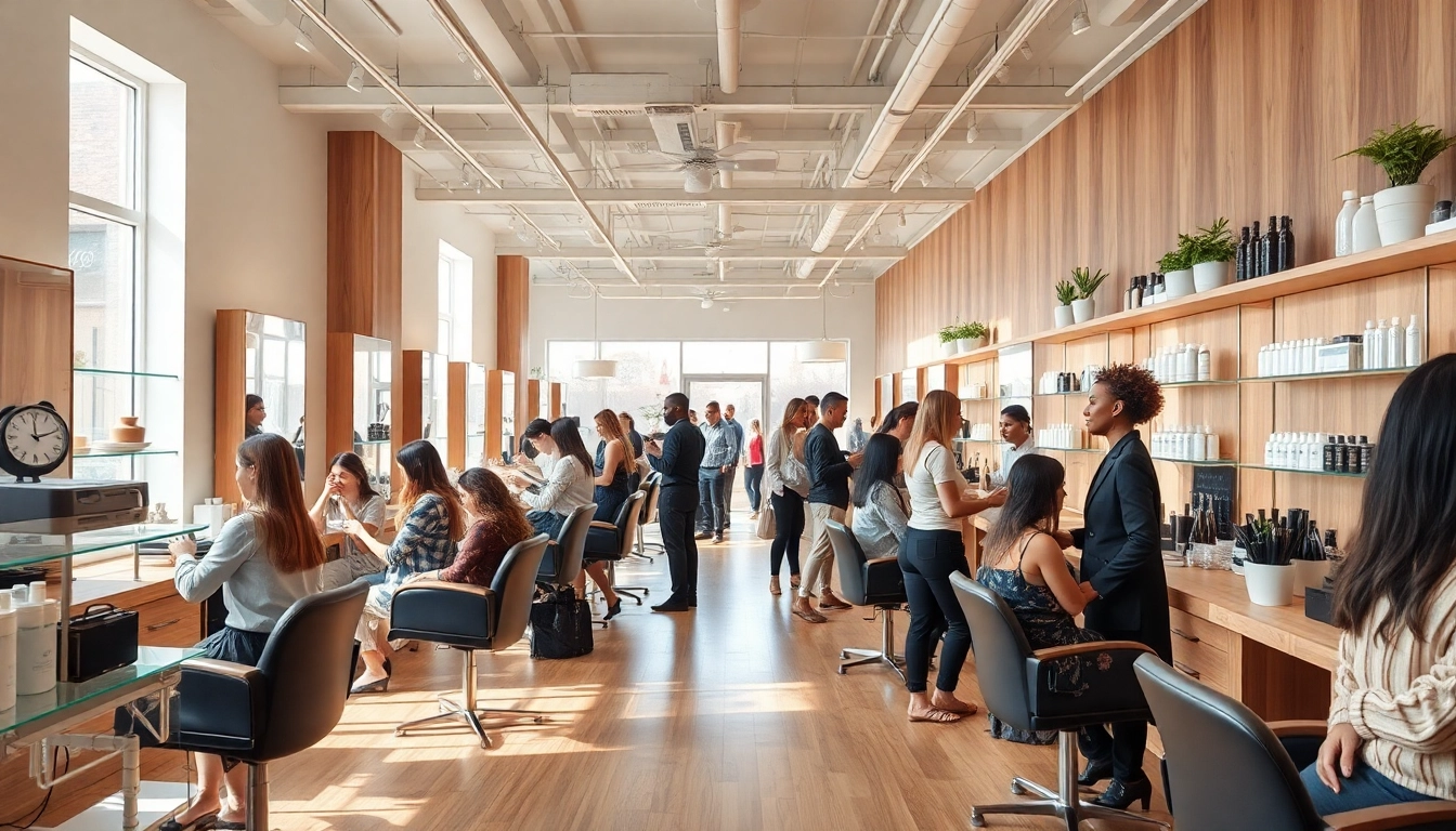 Best hair salons near me: A vibrant interior showing hairstylists and clients in a modern salon setting.