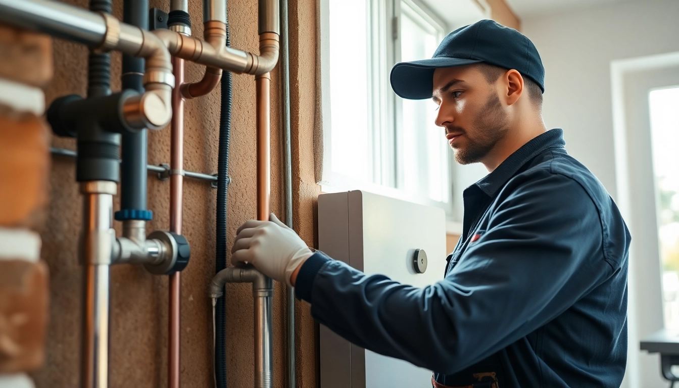 North shore plumbing and heating expert repairs a heating system in a bright indoor setting.