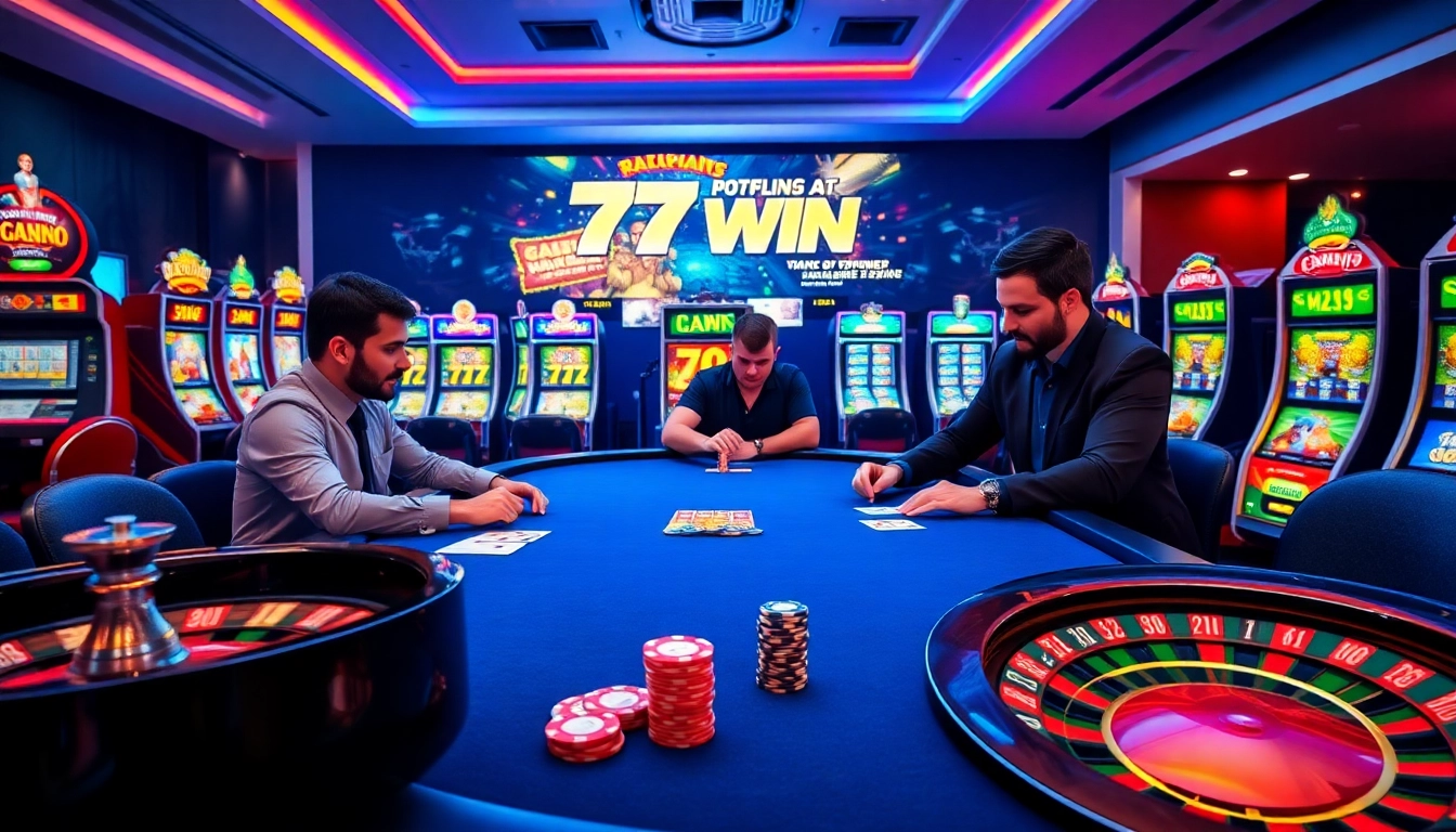 A thrilling poker game at https://78win.bot/ showcasing luxury elements like poker chips and roulette wheels.
