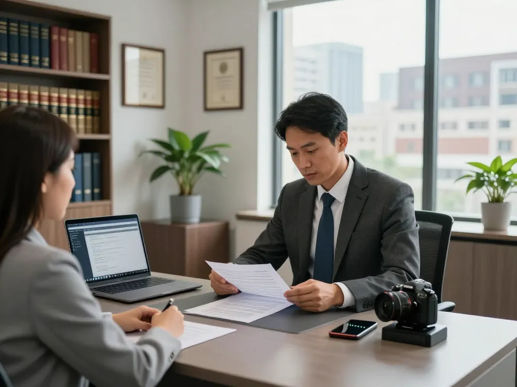 AI receptionist for personal injury attorneys aiding client consultations in a modern legal office.