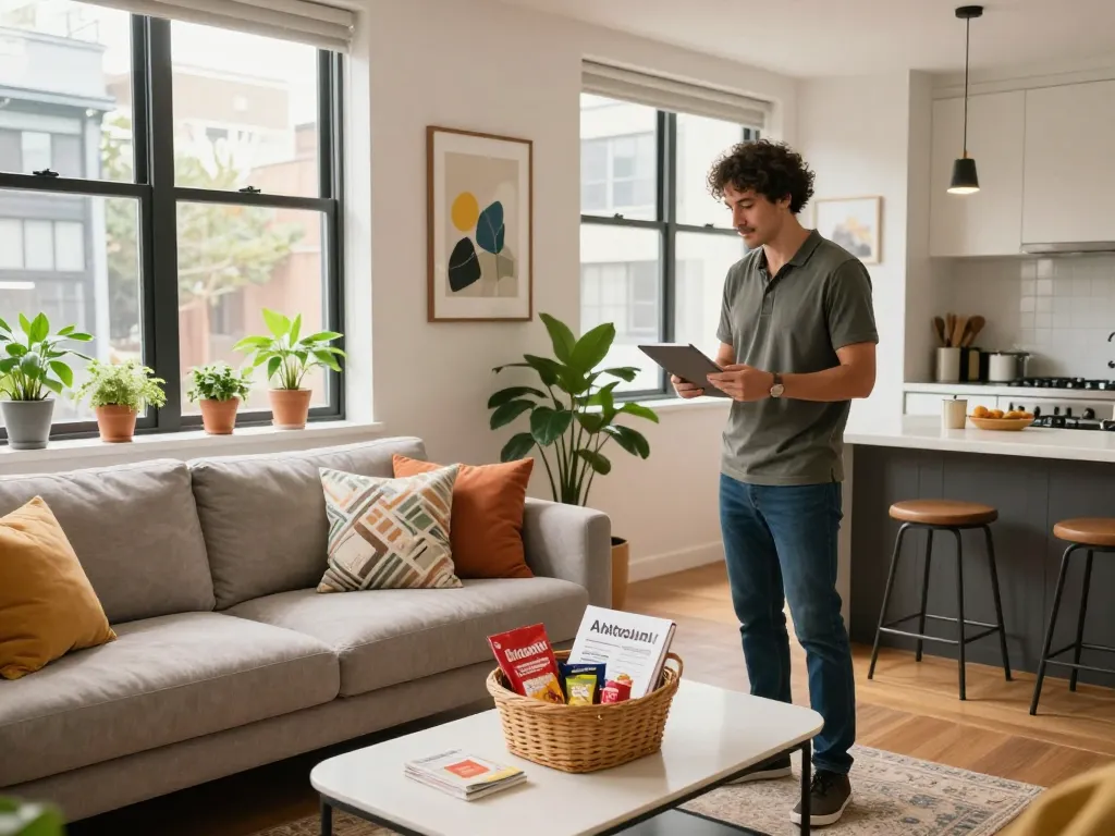 Airbnb management Sydney scene featuring a stylish apartment with Antoun preparing a welcoming atmosphere for guests.