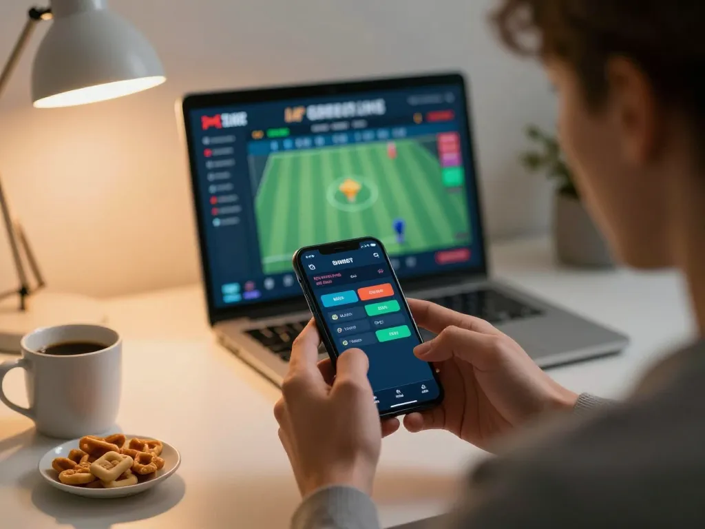 Engaging with the FC88 sports betting app on a smartphone at home, showcasing strategic gaming.