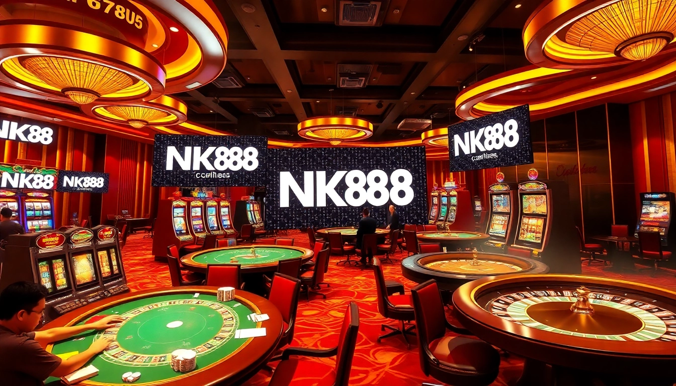 Engaging scene of NK88 casino with poker tables and exciting slot machines.