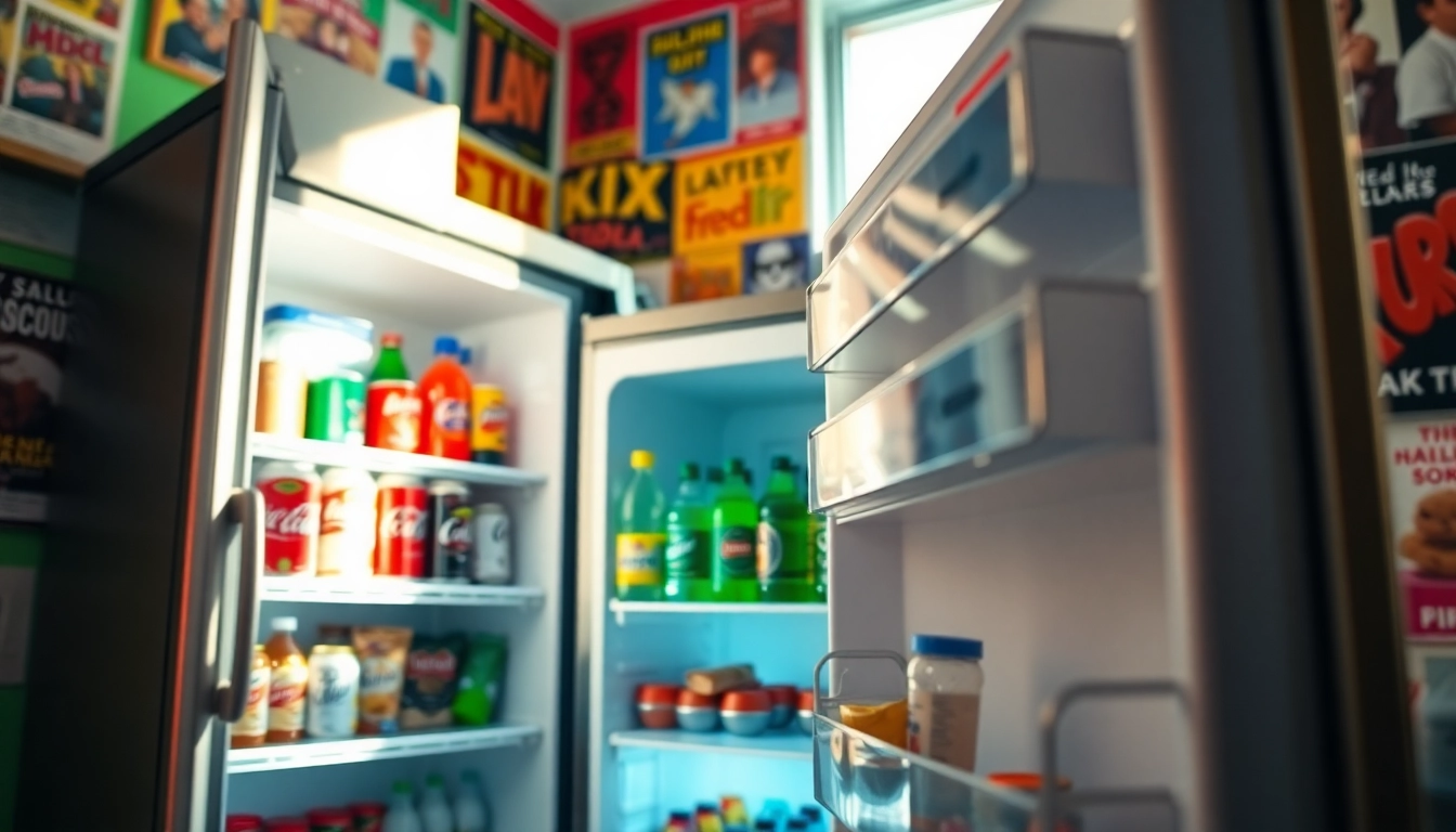 A lively dorm room fridge brimming with snacks and drinks, showcasing a vibrant college atmosphere.