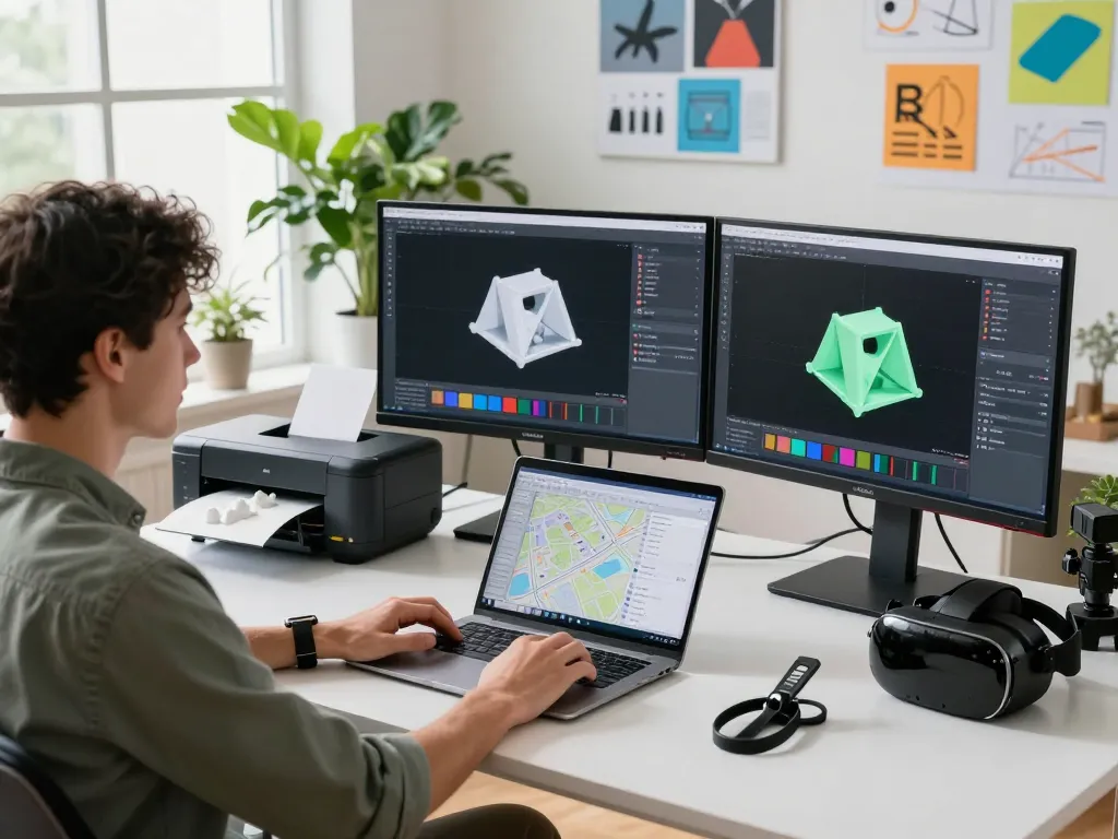 Innovative workspace showcasing software fotogrammetria in action with dual monitors displaying 3D modeling software