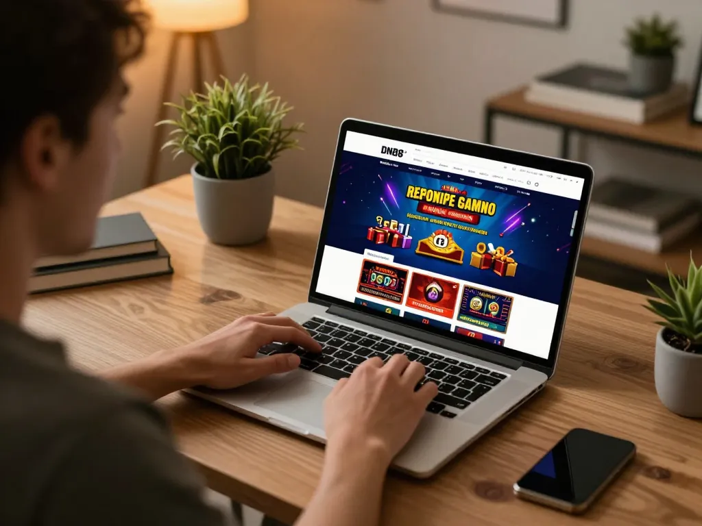 Gambler engaging with DN88 casino website on laptop at home, showcasing vibrant online gaming.