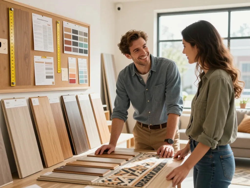 Flooring specialists near me helping customers select quality flooring options in a well-lit showroom.