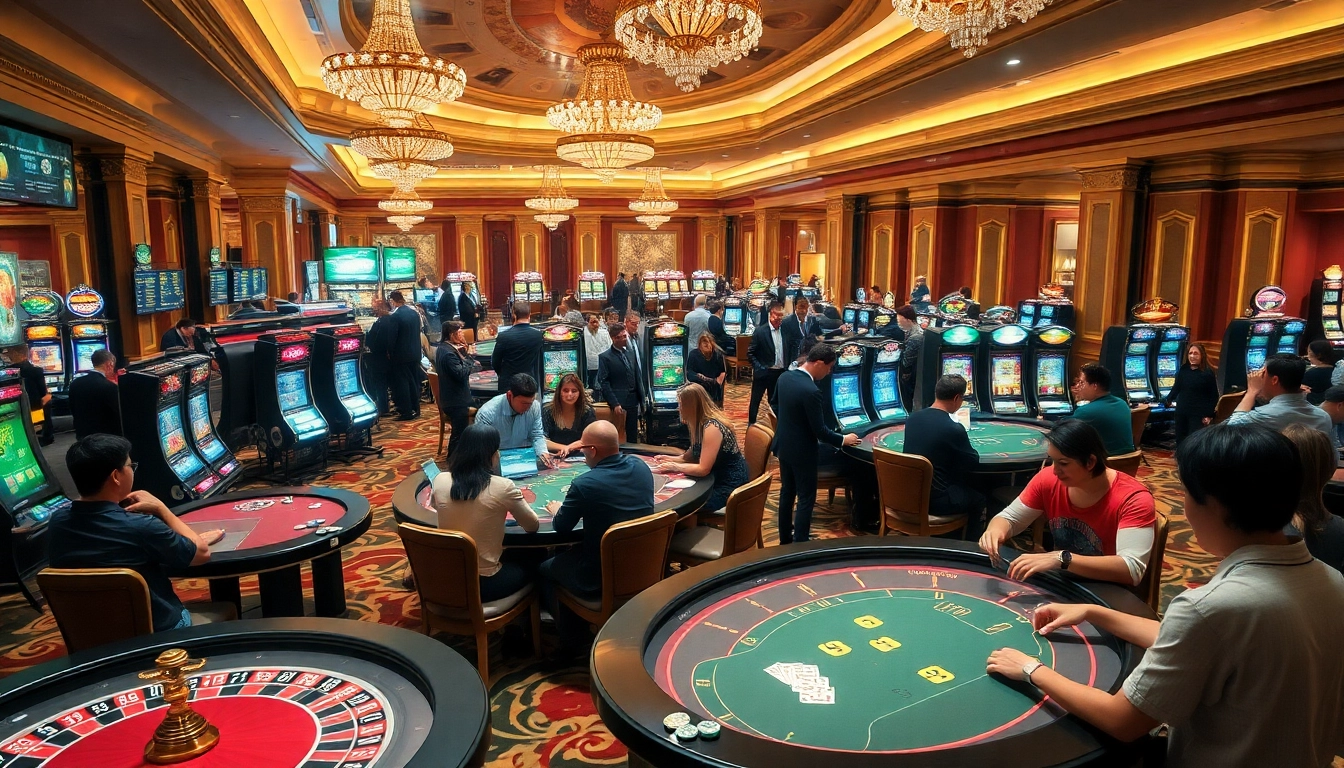 Exciting casino scene at https://kjc.uk.com/ showcasing roulette tables, players, and slot machines.