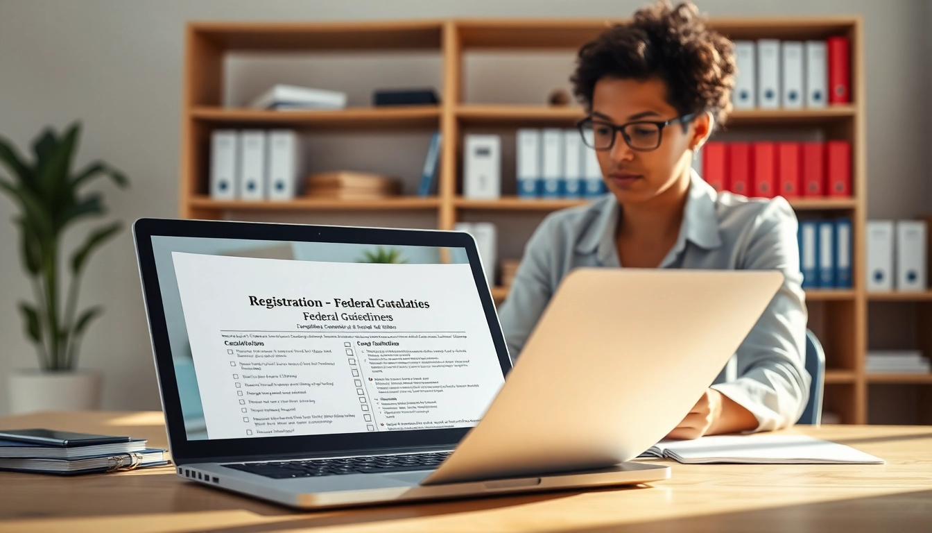 Consultant reviewing registration and certification in Federal databases documentation in a modern office setup.