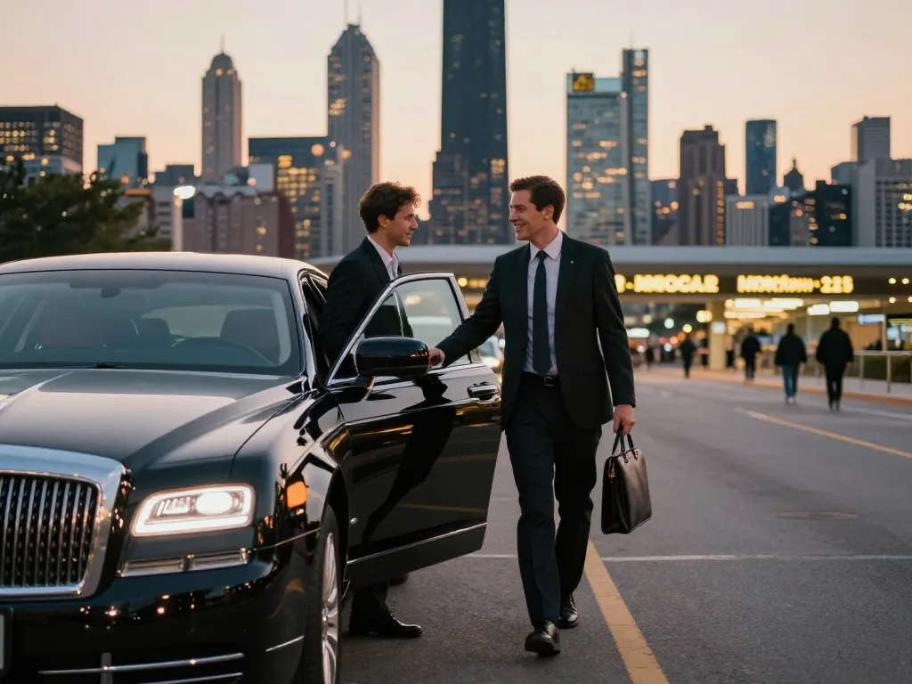 O’Hare airport limousine service featuring a professional chauffeur opening a Lincoln Continental for a satisfied traveler against a Chicago skyline.