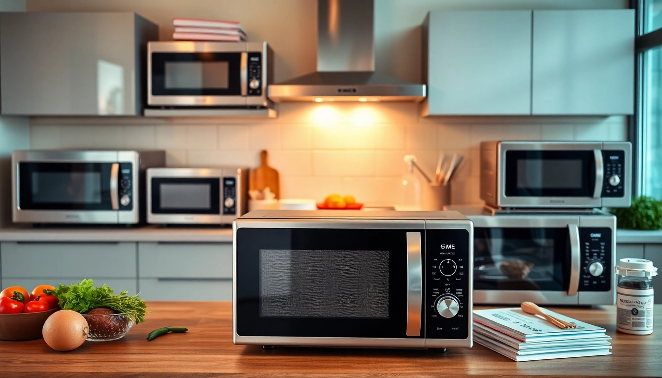 Showcase of Microwave Oven Sales with various models and kitchen ingredients