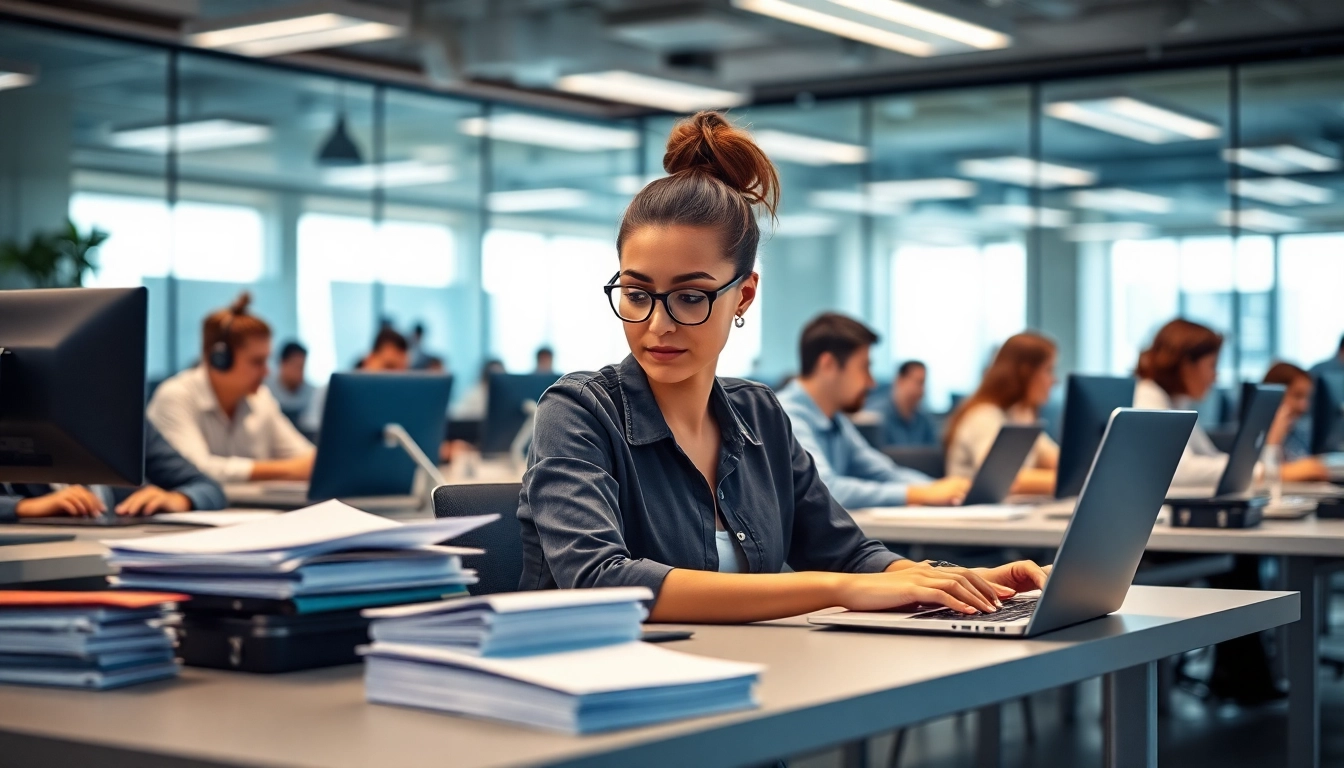 Engaging workspace at a Typing Center featuring diverse professionals typing efficiently.