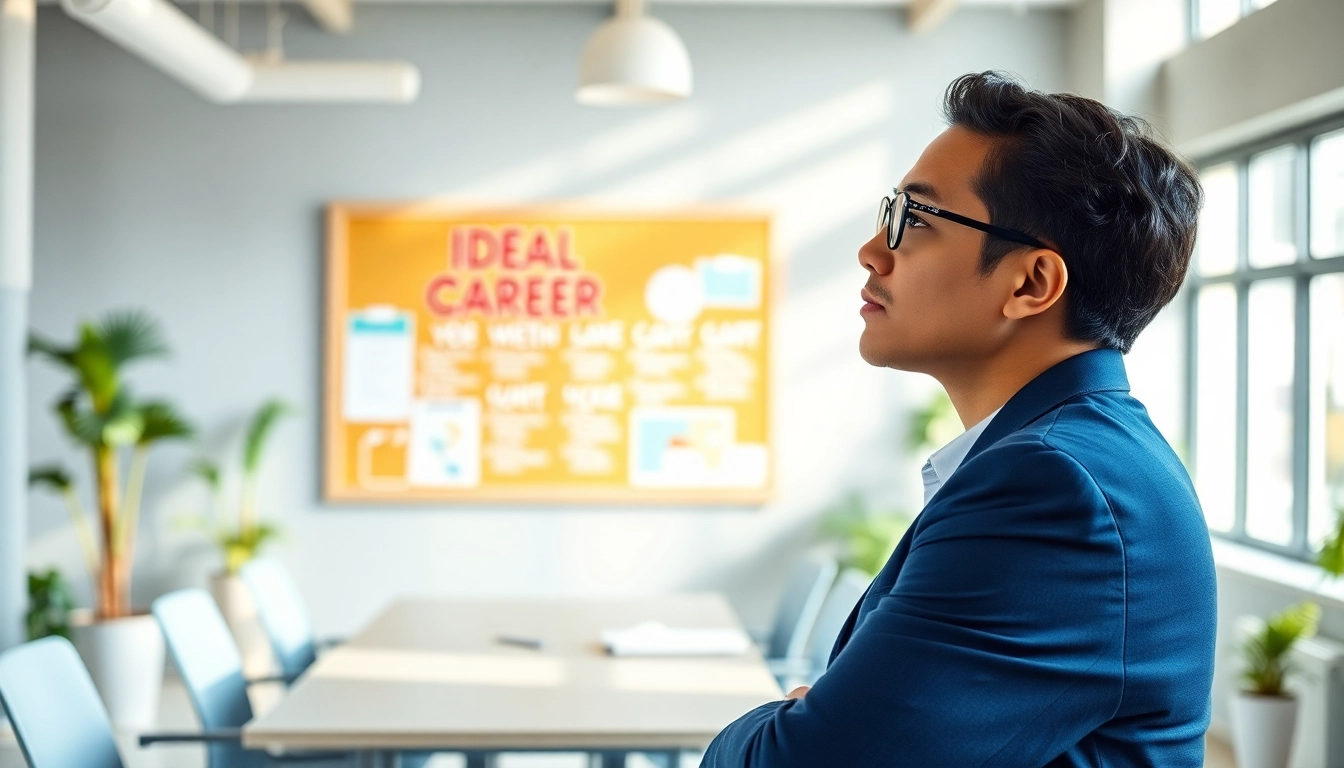Person exploring their ideal career in a modern office environment, promoting success and ambition.