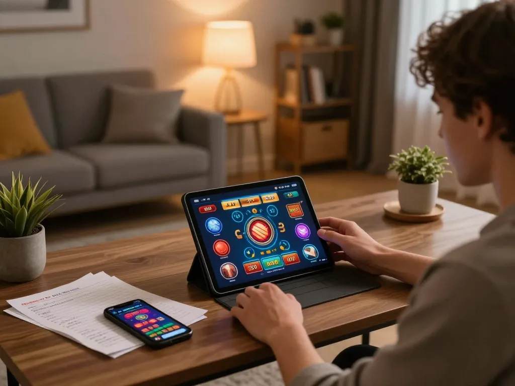Engaging online gaming scene of a player at home exploring man club casino app on tablet with strategy notes.