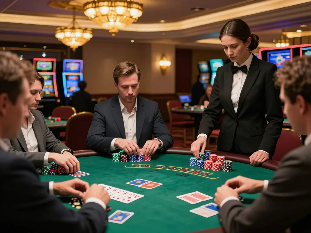 Engaged players at a go8 blackjack table strategizing their best bets in a luxurious casino.